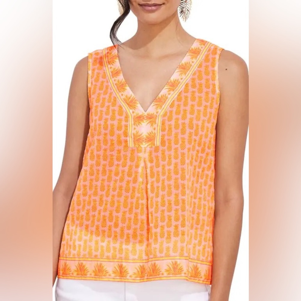 NWT Vineyard Vines Pineapple Border Print Sleeveless Top Orange V-Neck Tank S